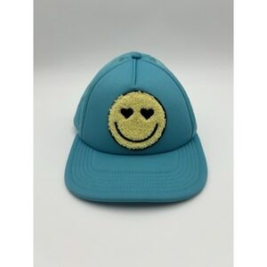 Mighty Fine Trucker Hat Turquoise Mesh Smiley Face Heart Eyes Y2K Retro